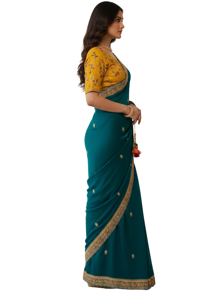 Velvet Chiffon Saree in Teal Blue with Hand Embellished Border