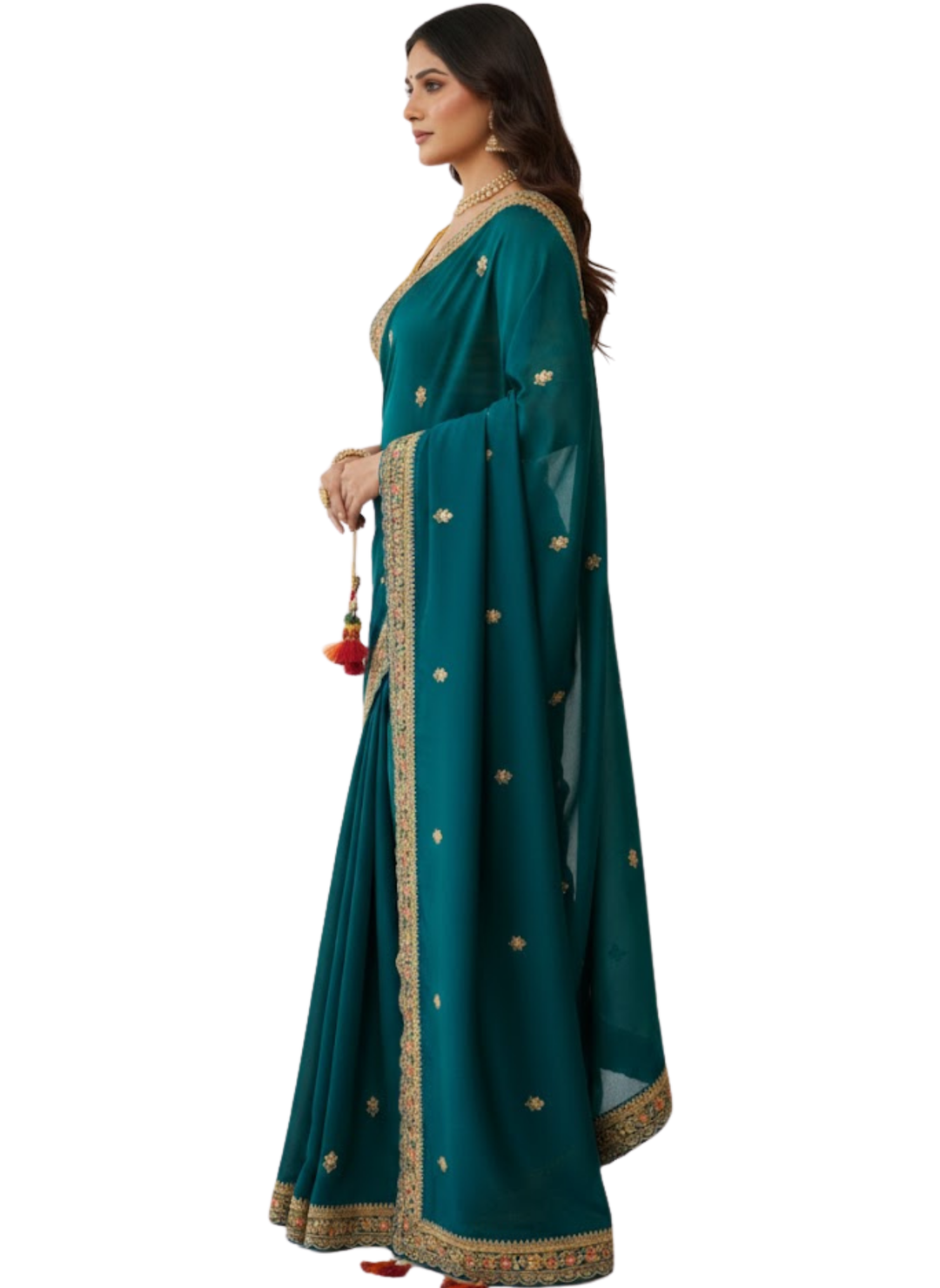 Velvet Chiffon Saree in Teal Blue with Hand Embellished Border