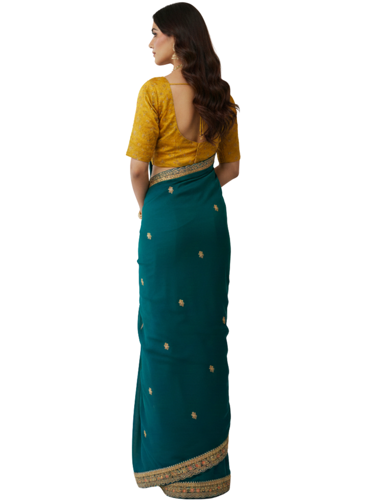 Velvet Chiffon Saree in Teal Blue with Hand Embellished Border