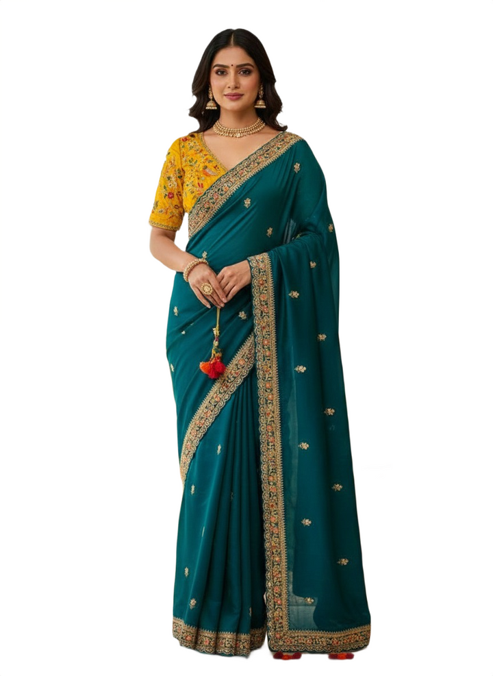 Velvet Chiffon Saree in Teal Blue with Hand Embellished Border