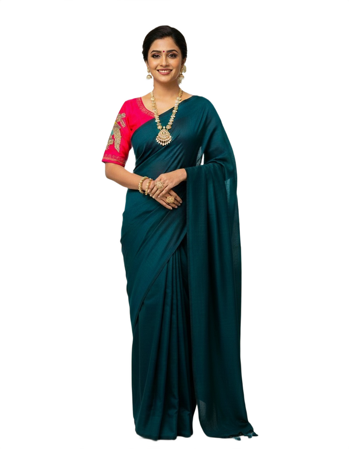 Fancy Teal Saree with Designer Magenta Embroidered Blouse