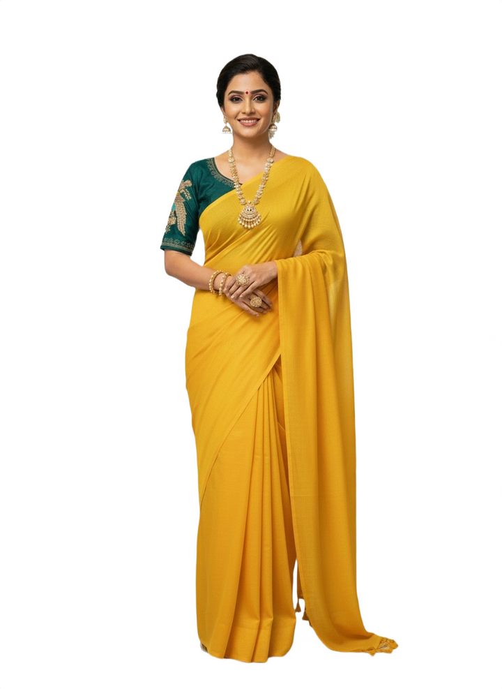 Designer Fancy Saree – Bright Yellow Saree & Green Peacock Work Stitched Blouse