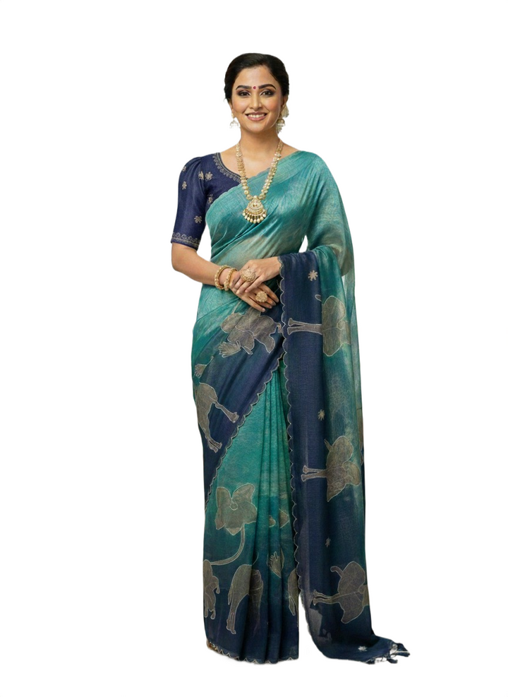 Designer Fancy Saree – Blue-Green Animal Print Saree with Navy Stitched Blouse