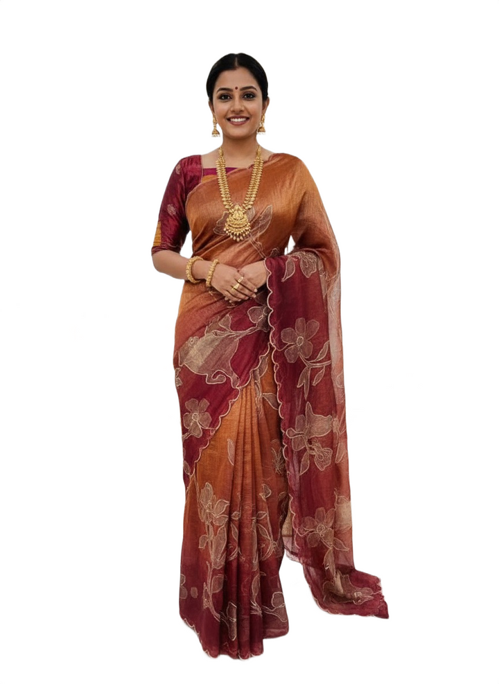 Fancy Saree in Maroon-Brown Ombre with Floral Print & Stitched Blouse