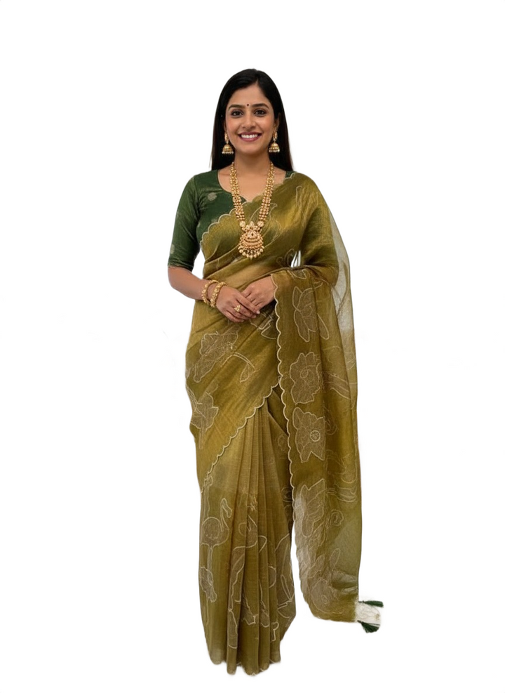 Ombre Olive Fancy Saree with Nature Print Paired with Dark Green Stitched Blouse
