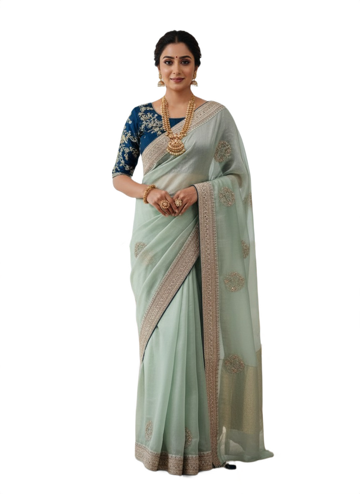 . Designer Soft Hatted Tissue Saree – Mint Green Saree & Navy Embroidered Blouse