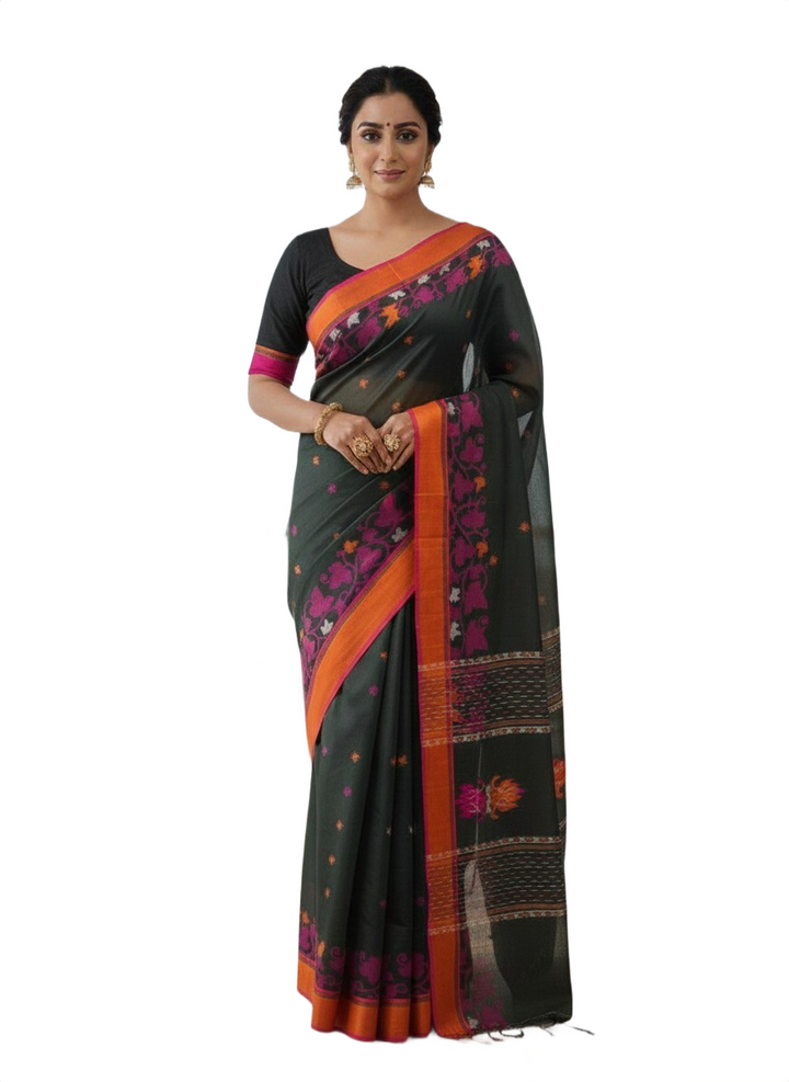 Designer Jamdani Saree – Black Body with Pink Border and Stitched Blouse