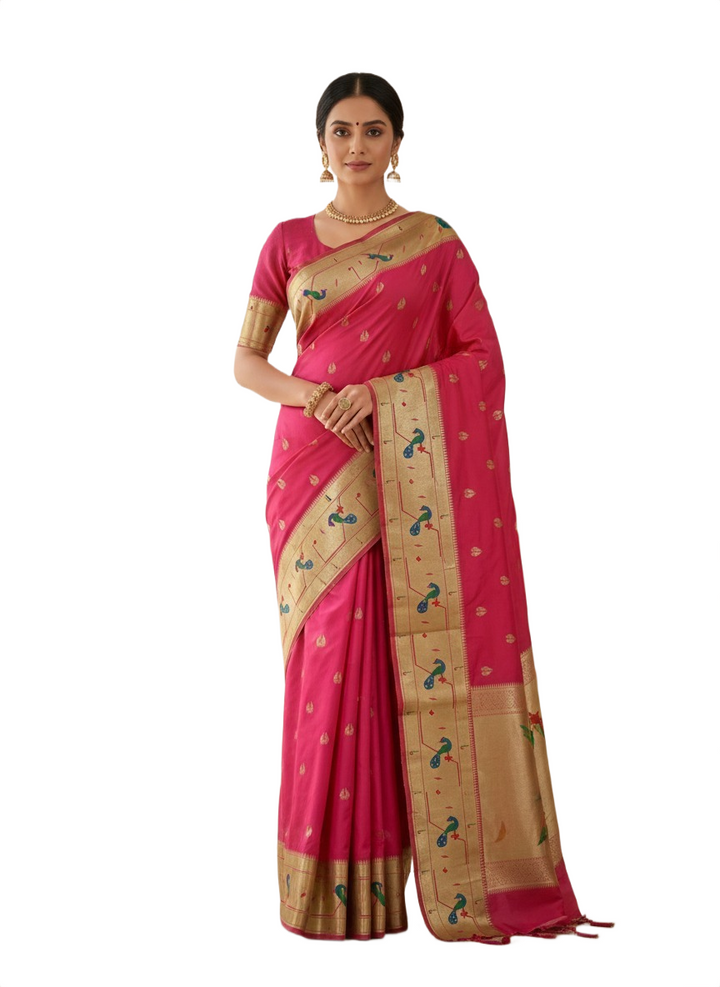 Premium Paithani Silk Saree in Hot Pink with Peacock Zari Motifs