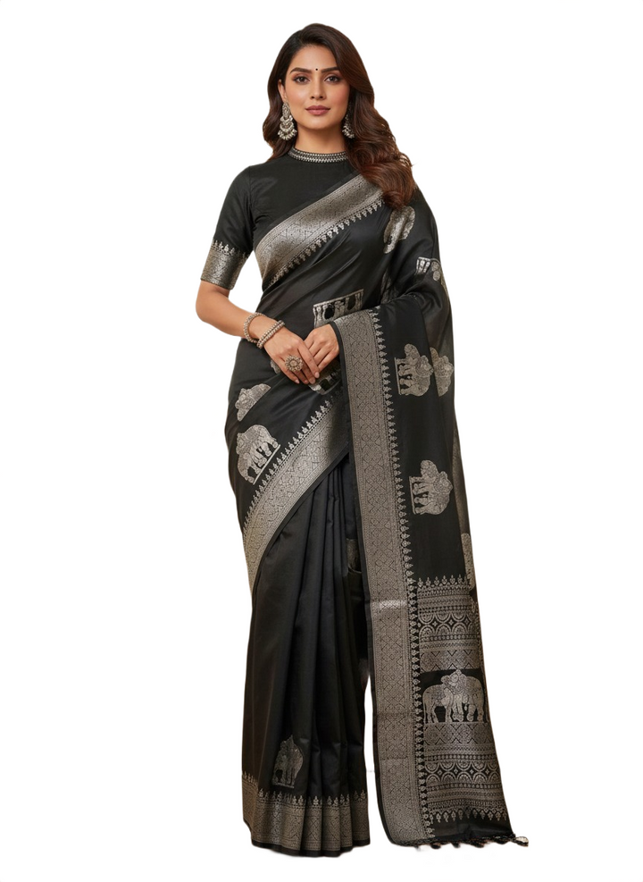 Elegant Black Soft Silk Saree with Intricate Elephant Zari Weaving
