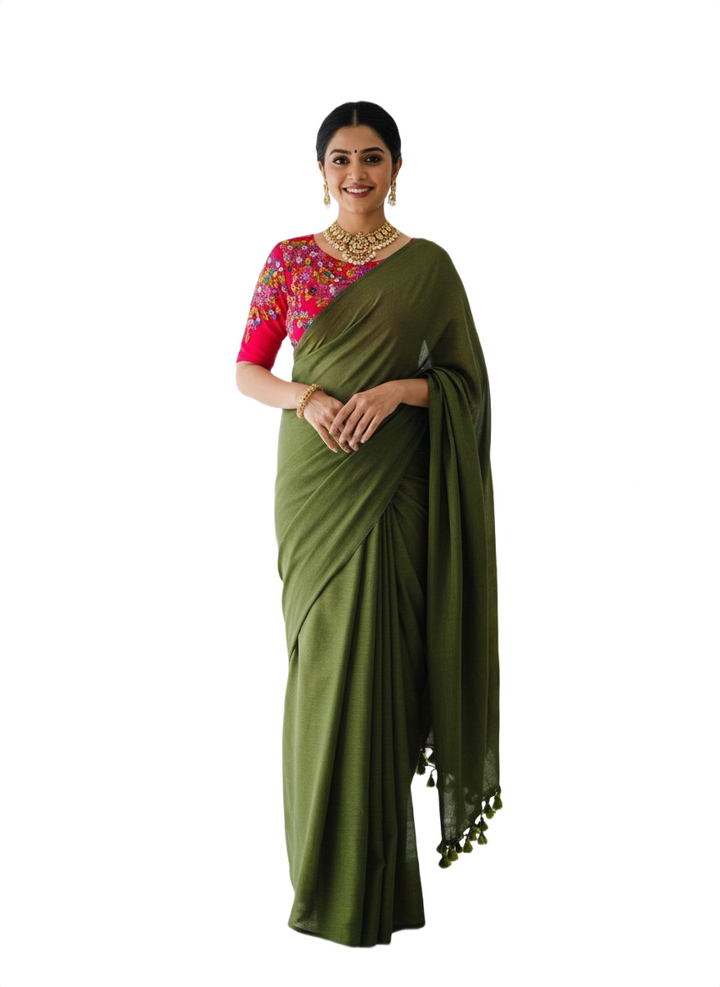 Olive Green Jute Saree with Pink Embroidered Stitched Blouse