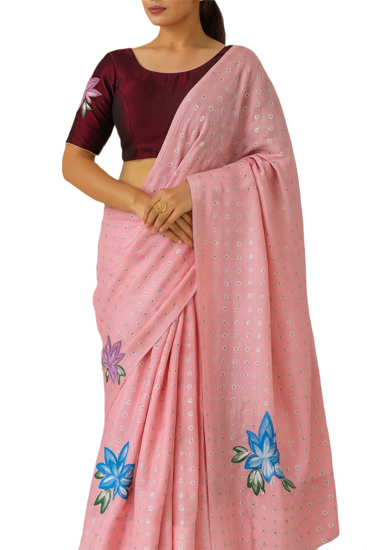 Designer Fancy Saree – Pink Saree with Floral Painting & Maroon Blouse