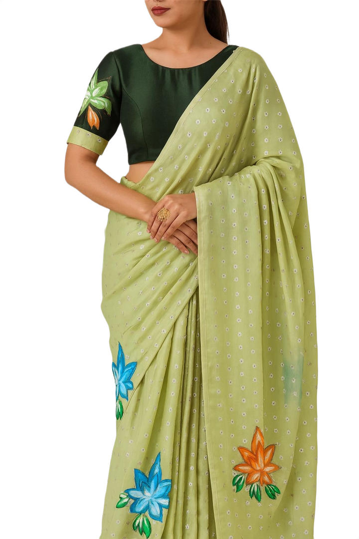 Pastel Green Fancy Saree with Hand-Painted Floral Design & Stitched Blouse