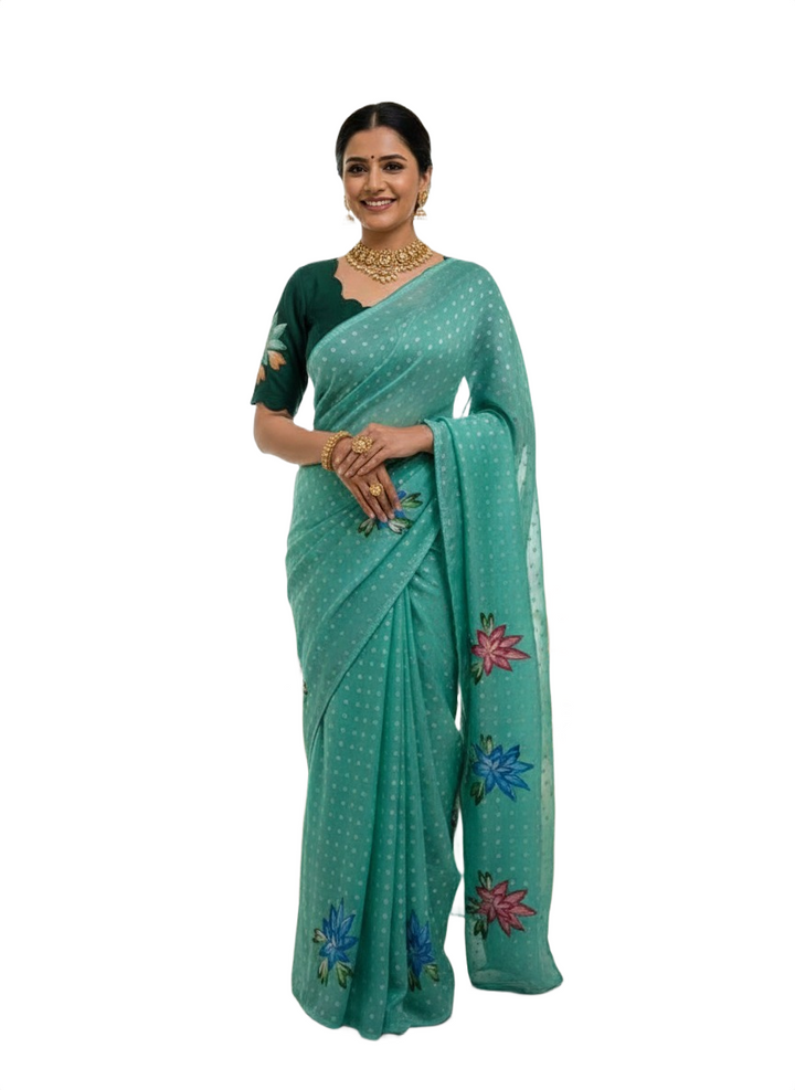 Designer Fancy Saree – Aqua Saree with Lotus Artwork & Contrast Green Blouse
