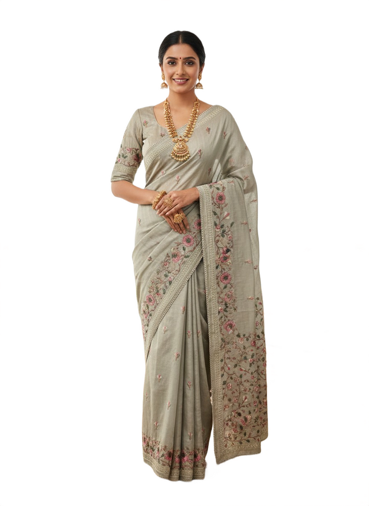 Designer Tussar Silk Saree – Beige Floral Embroidered Saree with Blouse