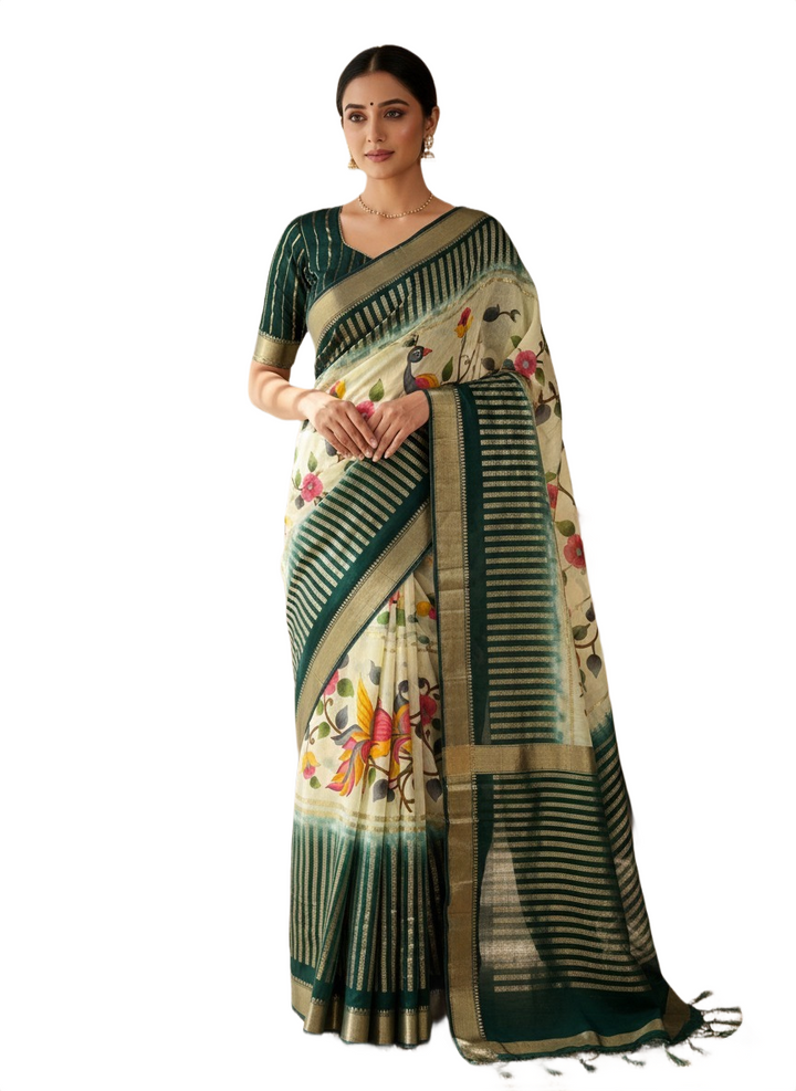 Designer Georgette Saree – Ivory Hand-Painted Floral Saree with Contrast Blouse