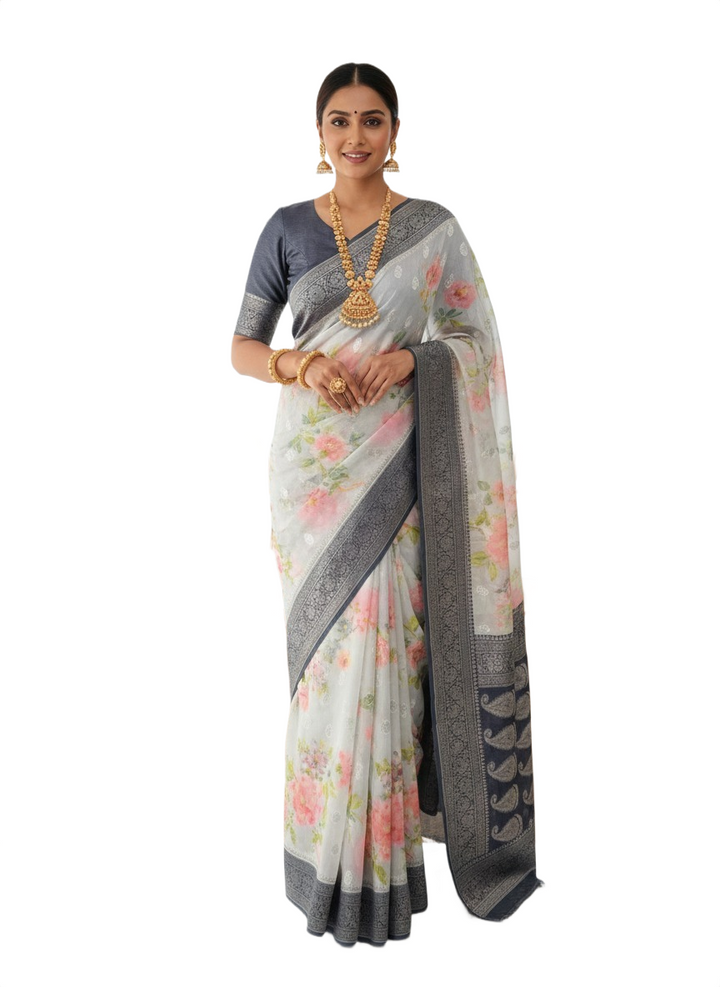 . Grey Hand-Painted Georgette Saree with Contrast Navy Stitched Blouse