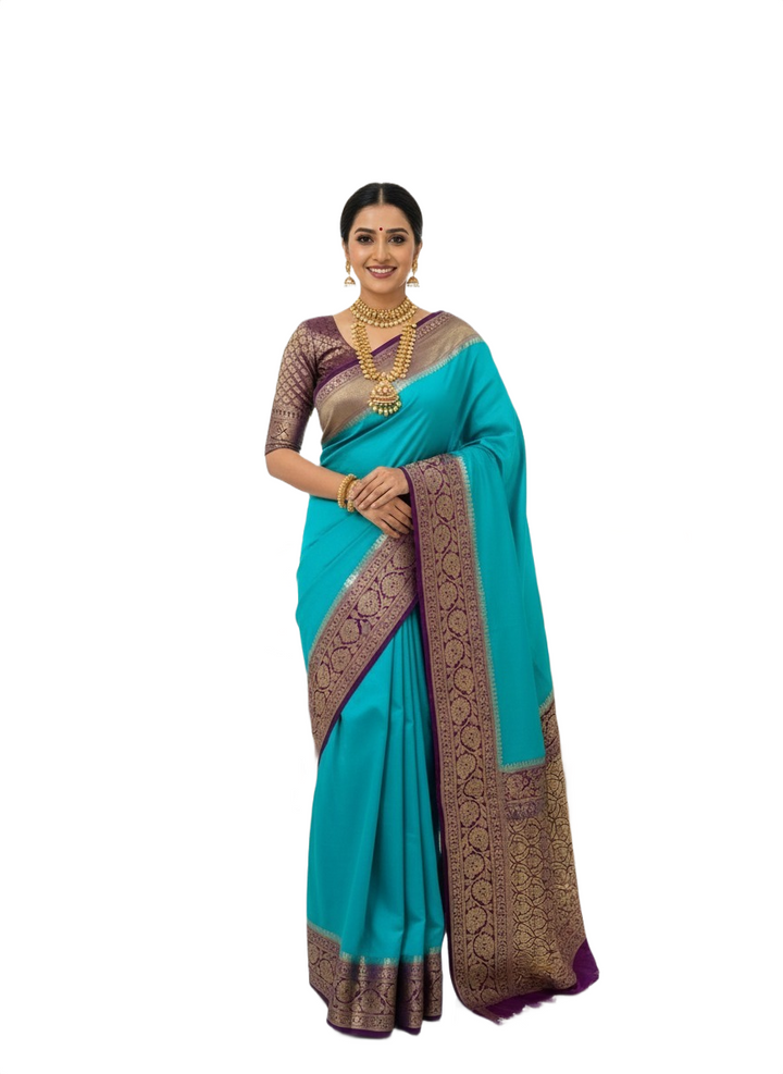 Semi Mysore Silk Saree in Teal Blue with Gold Zari Stitched Blouse