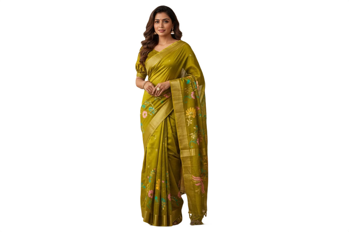Premium Pure Mysore Silk Saree – Mustard Yellow with Puff Sleeve Blouse