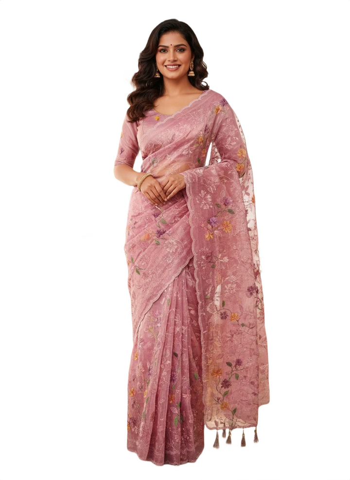 Space Silk Fancy Saree in Dusty Rose with Embroidered Stitched Blouse