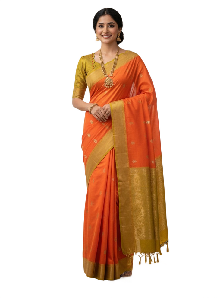 Designer Mangalagiri Silk Saree – Orange Body with Olive Temple Border