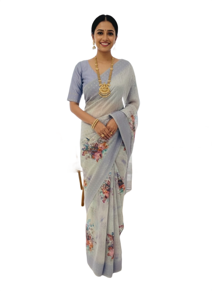 Lavender Soft Butterflies Jute Tussar Saree with Stitched Blouse