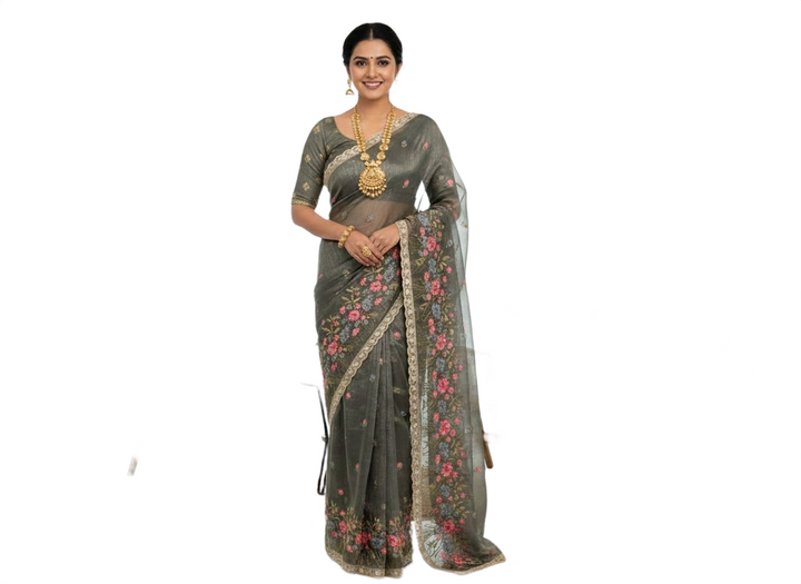 Soft Tassar Fancy Saree with Floral Embroidery & Designer Blouse