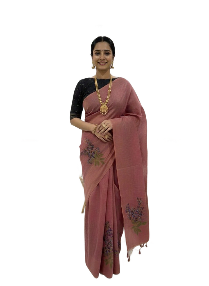 Soft Silk Mixed Cotton Saree in Rose Pink & Navy Combination