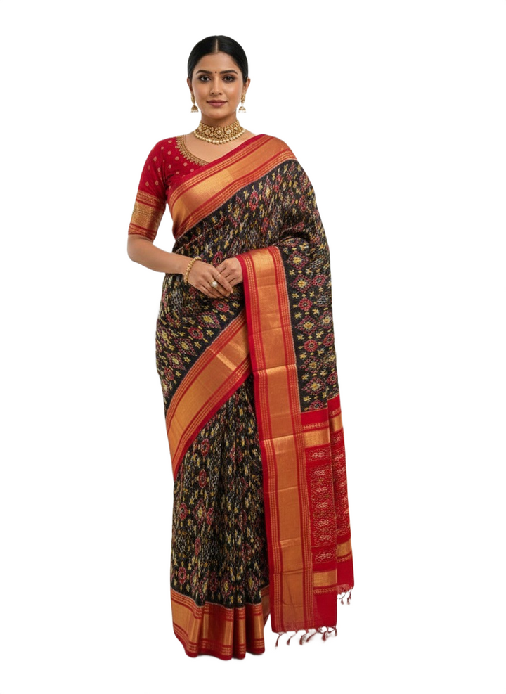 Black & Red Ikkat Saree with Heavy Embroidered Blouse