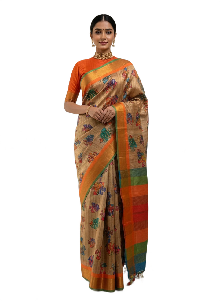 Lightweight Tussar Silk Saree with Vibrant Multi-Color Motifs