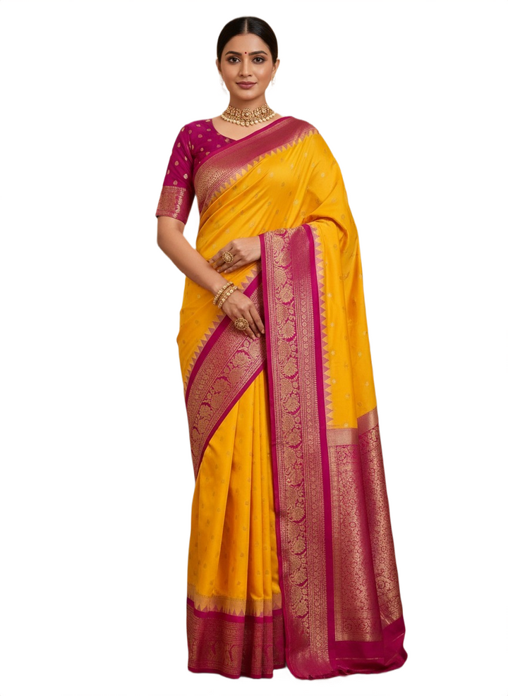 Elegant Semi Gadwal Silk Saree – Yellow Body & Magenta Border
