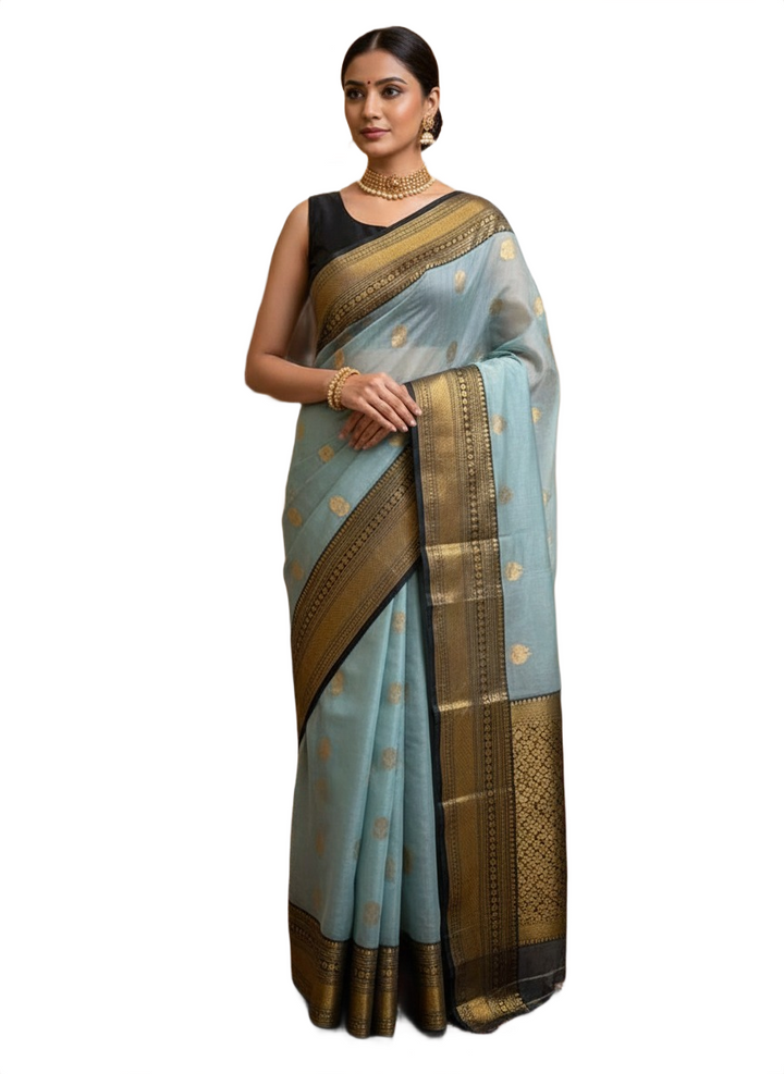 Elegant Chanderi Tissue Saree in Sky Blue with Rich Black–Gold Border
