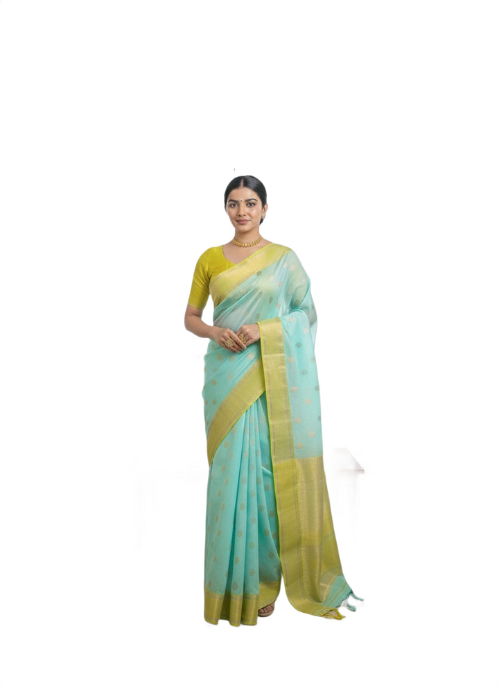 Pastel Green Chanderi Saree with Contrast Yellow Border