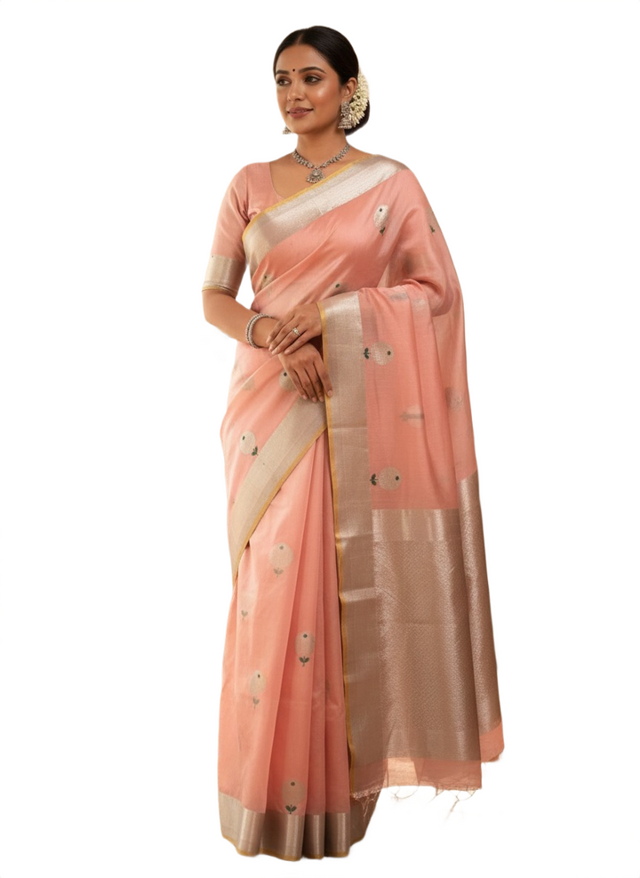 Elegant Chanderi Silk Saree – Peach with Antique Silver & Gold Border
