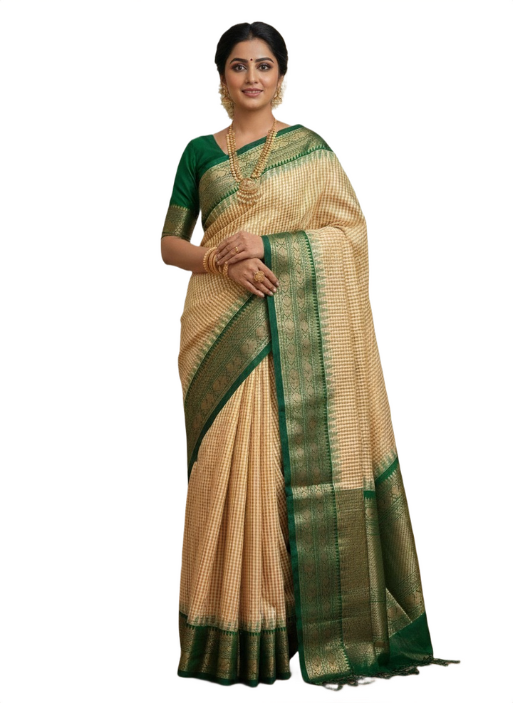 Mustard Checked Semi Gadwal Saree with Rich Green Blouse