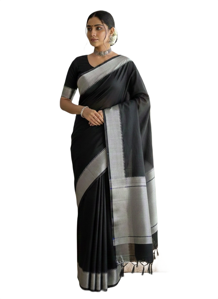 Elegant Black Mangalagiri Silk Cotton Saree with Silver Zari Border