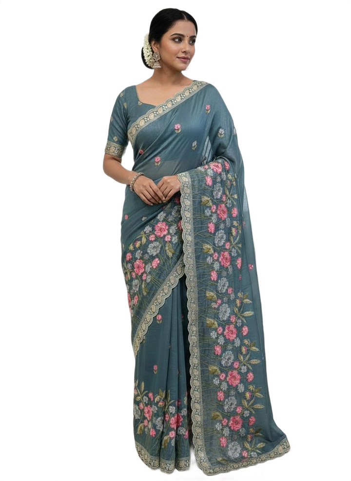 Fancy Soft Tassar Saree with Elegant Floral Embroidery