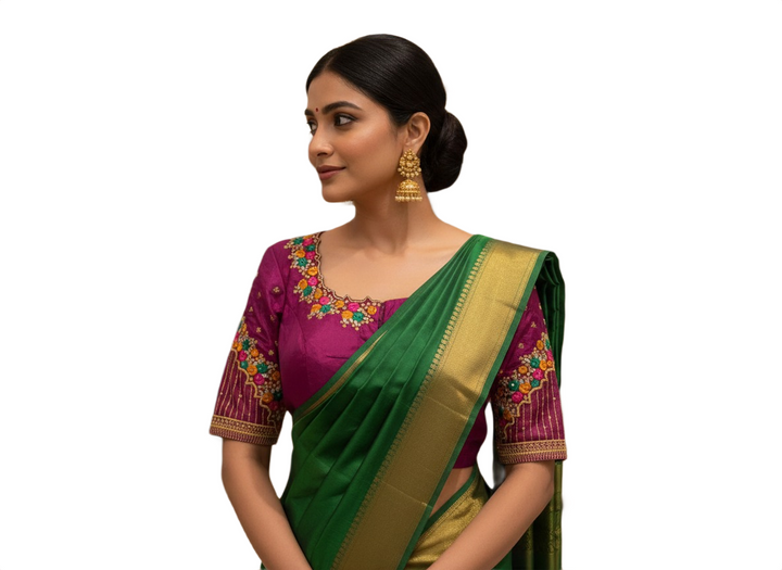 Magenta Raw Silk Blouse with Multicolored Floral Threadwork and Gold Zari Striped Sleeves