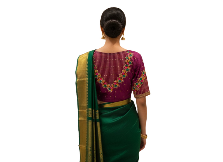Magenta Raw Silk Blouse with Multicolored Floral Threadwork and Gold Zari Striped Sleeves