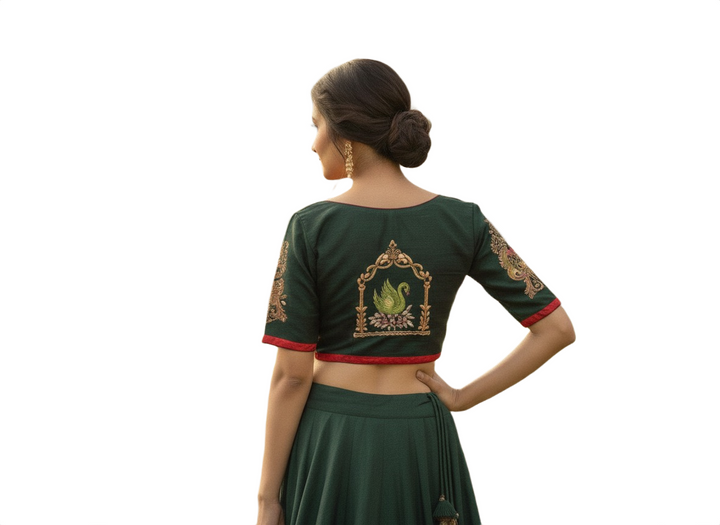 Forest Green Raw Silk Blouse with Hand-Embroidered Swan Motif and Red Piping Accents