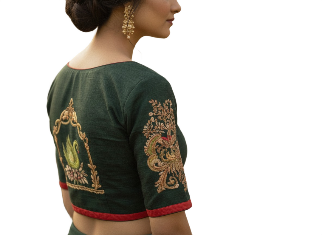 Forest Green Raw Silk Blouse with Hand-Embroidered Swan Motif and Red Piping Accents