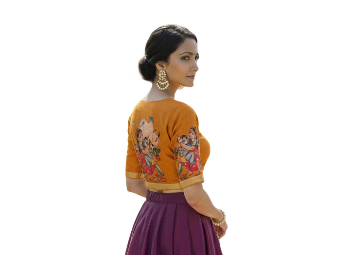 Mustard Yellow Raw Silk Blouse with Hand-Painted Kalamkari Yashoda-Krishna Back Motif