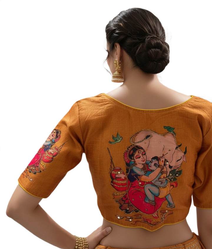 Mustard Yellow Raw Silk Blouse with Hand-Painted Kalamkari Yashoda-Krishna Back Motif