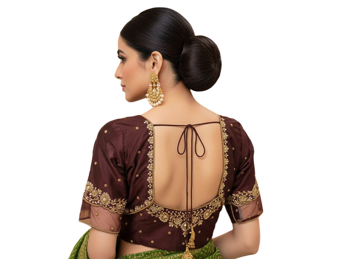 Deep Maroon Silk Blouse with Intricate Gold Zardosi Embroidery and Dori Back Detail