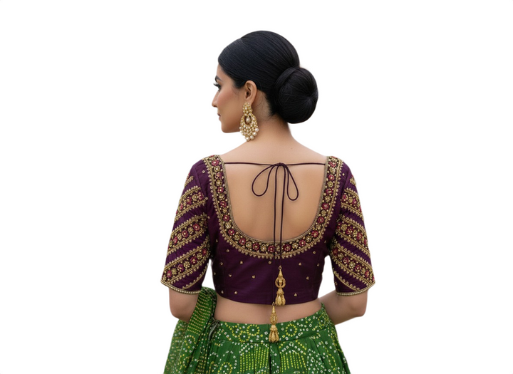 Deep Plum Silk Blouse with Ornate Gold and Maroon Border Embroidery and Dori Back