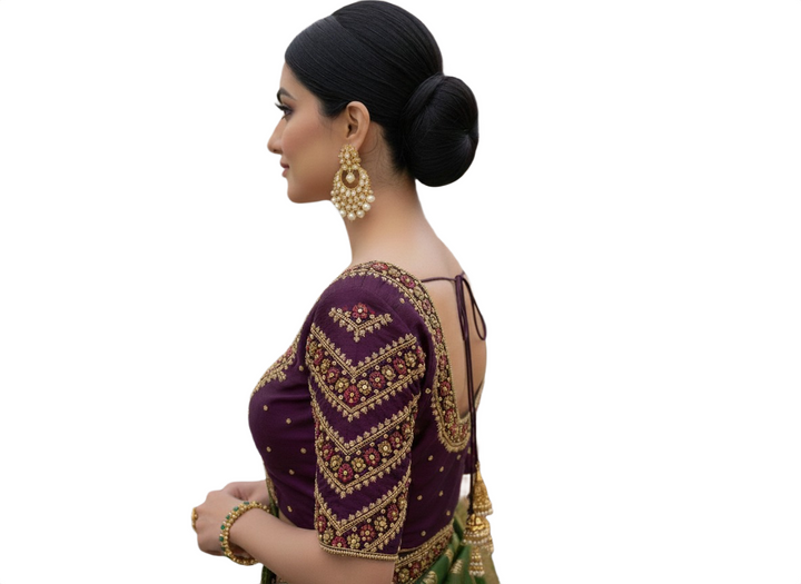 Deep Plum Silk Blouse with Ornate Gold and Maroon Border Embroidery and Dori Back