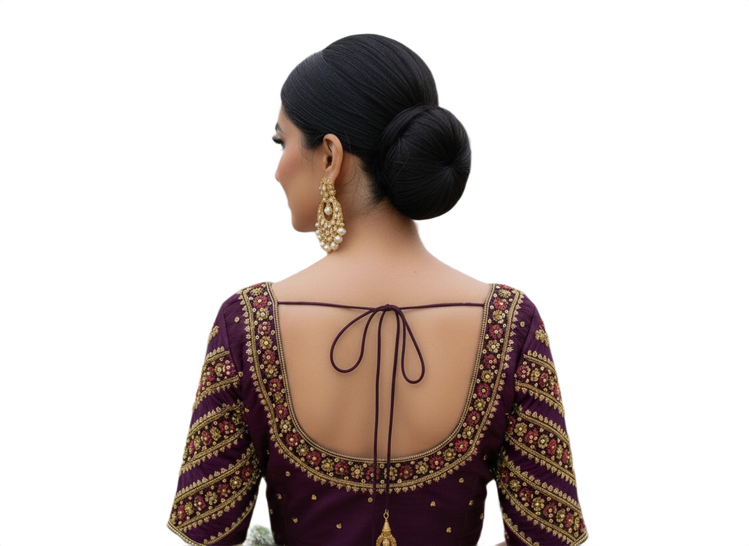 Deep Plum Silk Blouse with Ornate Gold and Maroon Border Embroidery and Dori Back