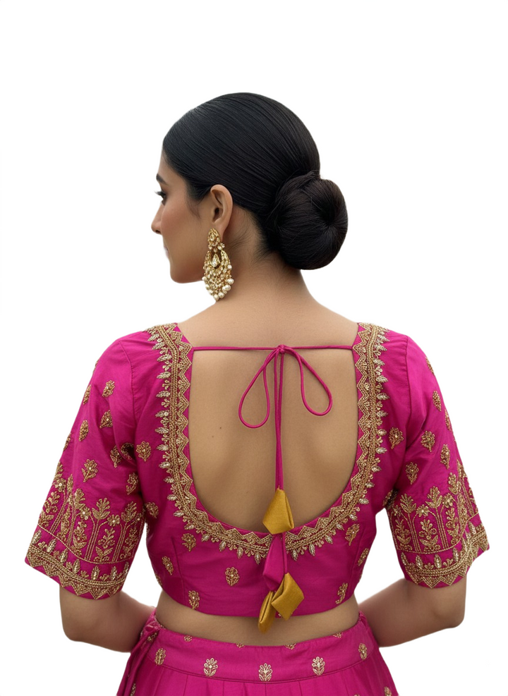 Royal Pink Silk Blouse with Intricate Gold Zardosi Floral Embroidery and Tasseled Dori Back