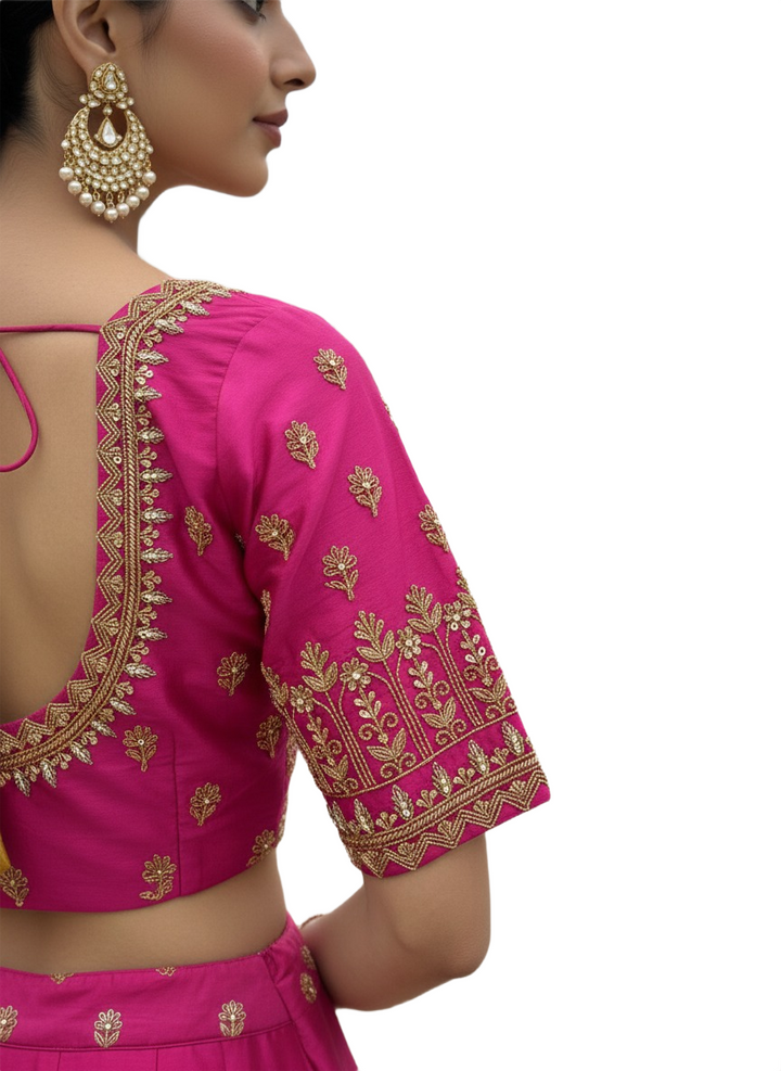 Royal Pink Silk Blouse with Intricate Gold Zardosi Floral Embroidery and Tasseled Dori Back