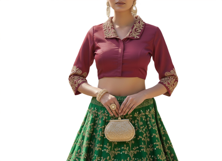 Maroon Silk Collared Blouse with Gold Zardosi Floral Embroidery and Front Button Detail