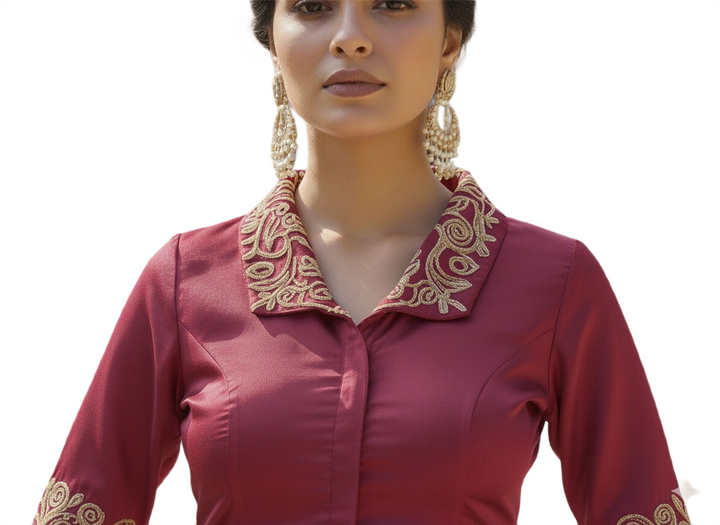 Maroon Silk Collared Blouse with Gold Zardosi Floral Embroidery and Front Button Detail